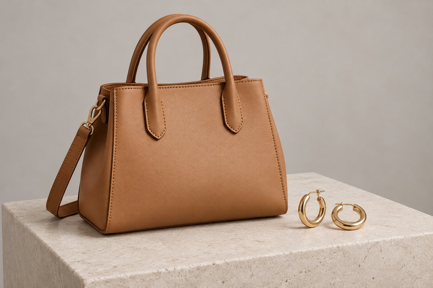 A model presenting a handbag toward the camera, the bag sharp and clearly the subject
