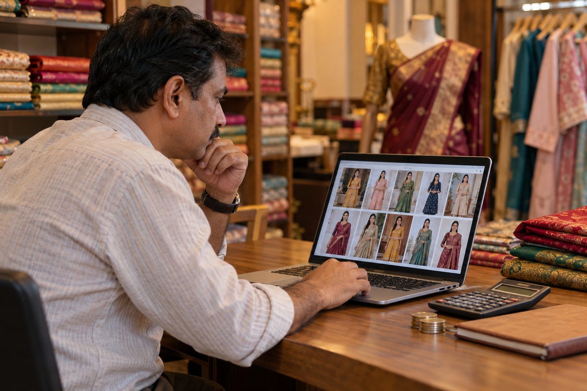 A saree seller at his shop desk comparing AI model-photo tools on a laptop, calculator and notebook beside him
