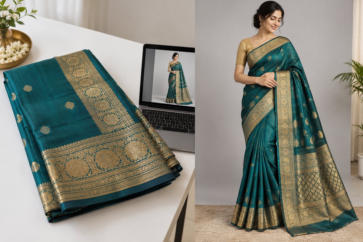 An AI model wearing a draped silk saree generated from a flat product photo