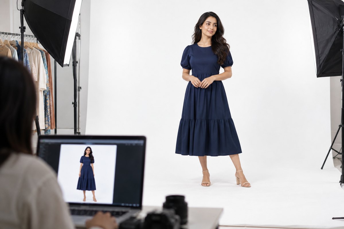 A model standing full-length in a navy dress on a seamless white studio backdrop, the finished Amazon main image on a laptop in the foreground
