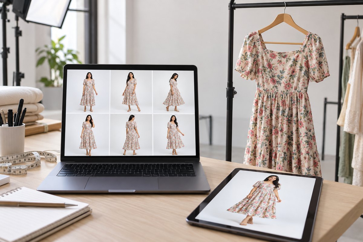 The same floral midi dress rendered on six models in a grid on a laptop, with the real dress hanging beside it