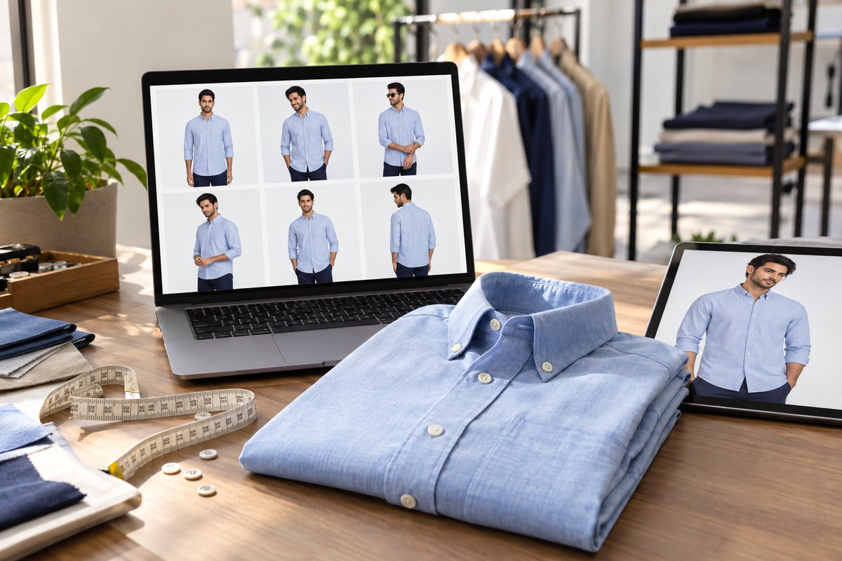 The same light-blue oxford shirt rendered on six male models in a grid on a laptop, with the real shirt folded beside it