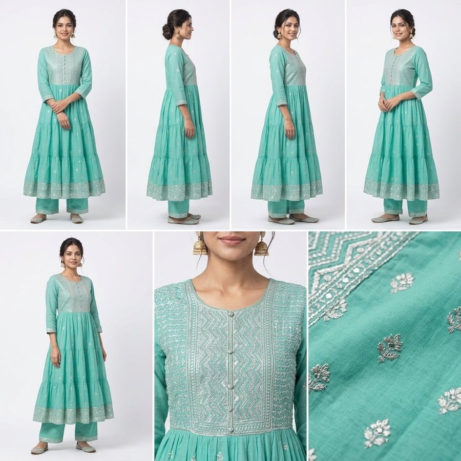 CatalogX catalog shots of a teal anarkali kurti set: the same model in front, side and three-quarter views, an embroidery close-up and a fabric texture shot, made from one flat photo