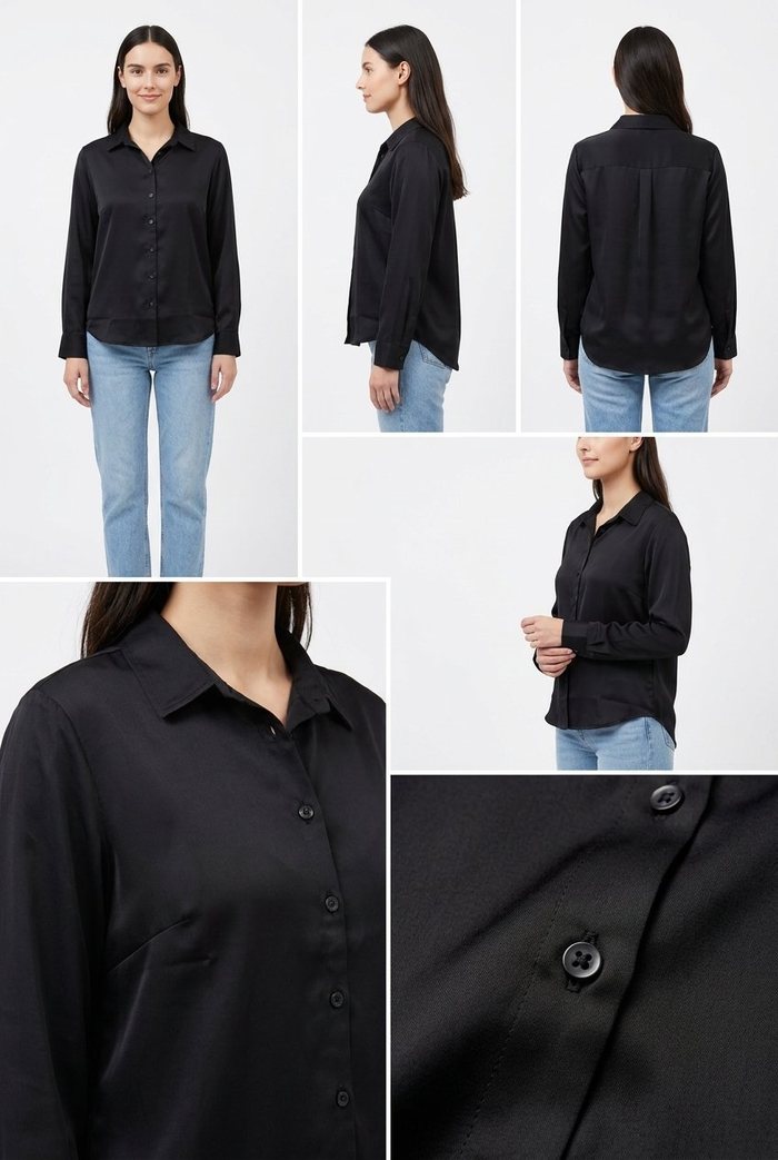Catalog shots of a black satin shirt: front, side and back views on the same model in light blue jeans, a three-quarter view, a collar close-up and a button macro