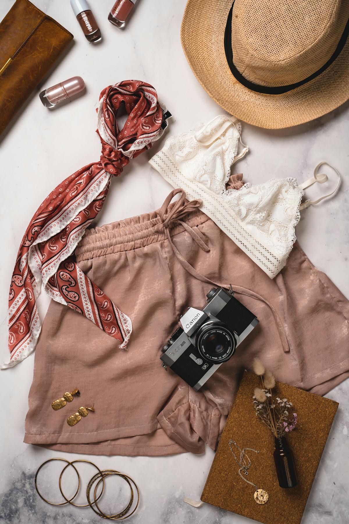 Flat-lay of clothing and fashion accessories