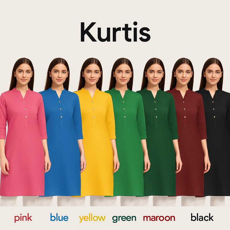 The same kurti recolored into seven colorways including pink, blue, yellow, green, maroon and black — identical model and pose in every shot