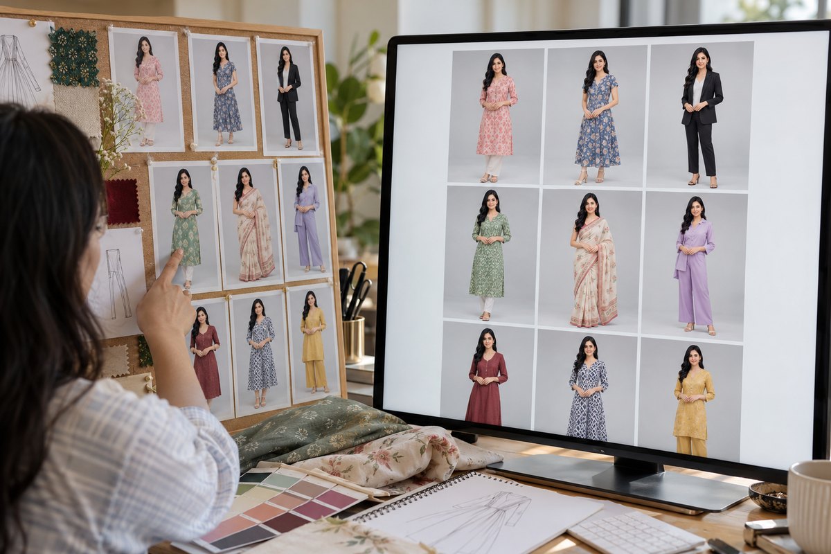 The same model wearing nine different outfits in one lookbook grid on a studio monitor, with printed cards of the grid on a moodboard