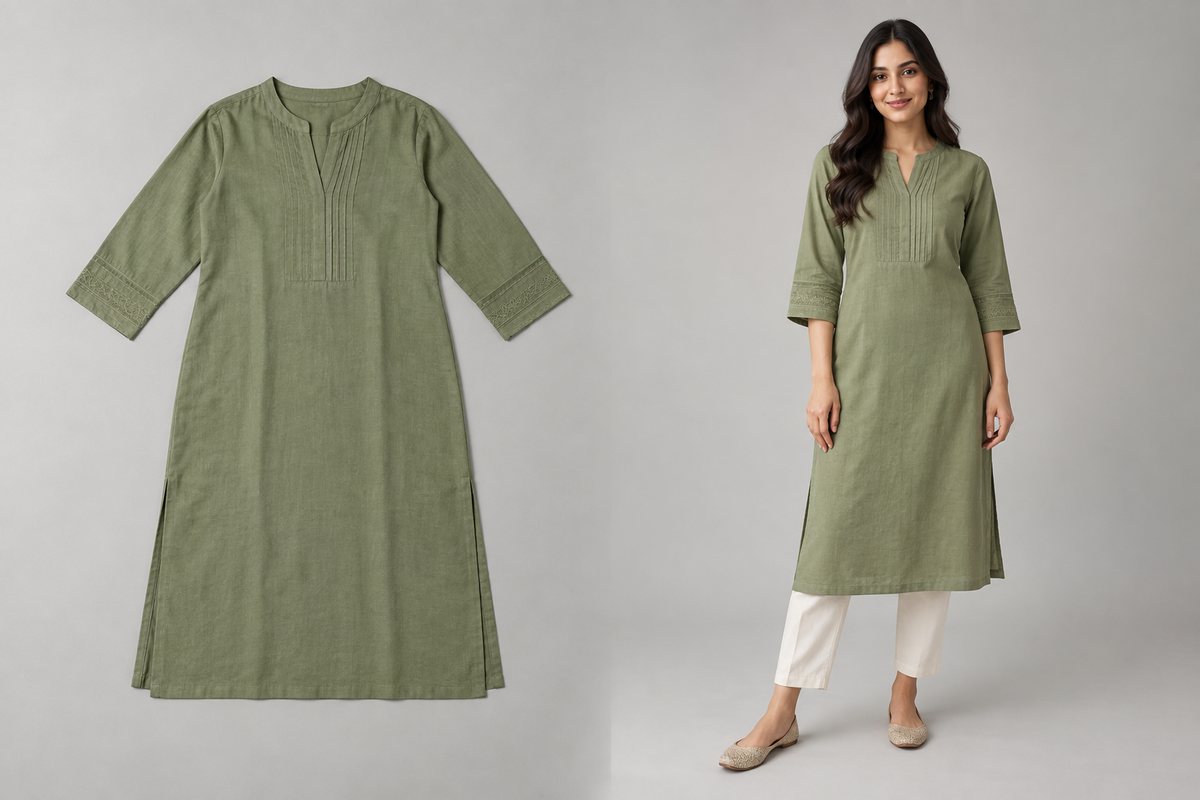 A garment photographed flat beside the same garment rendered on an AI model