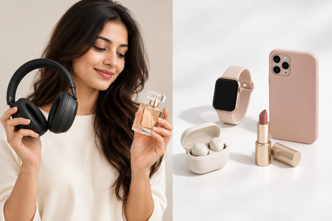 A model holding over-ear headphones and a perfume bottle, beside a smartwatch, earbuds case, lipstick and phone case on white