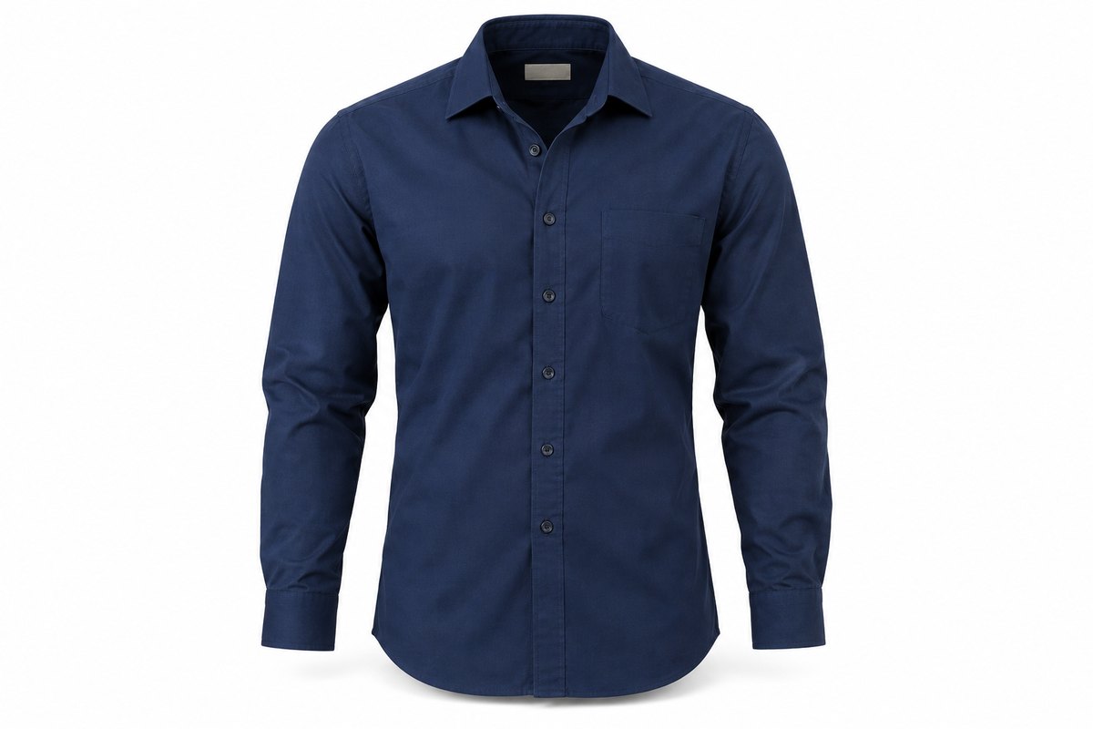 Ghost mannequin shot of a navy cotton shirt holding its shape on a white studio background with no visible mannequin