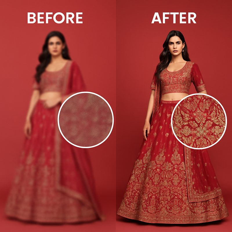 Before and after HD upscale: blurry lehenga photo turned sharp with embroidery detail visible in magnified view