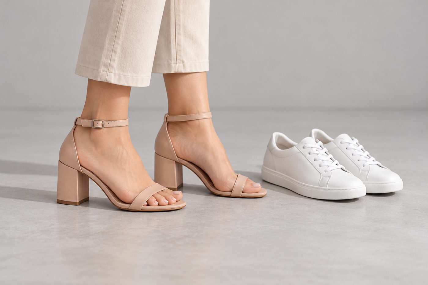 Nude block-heel sandals worn in side profile beside a pair of white leather sneakers on a grey studio floor