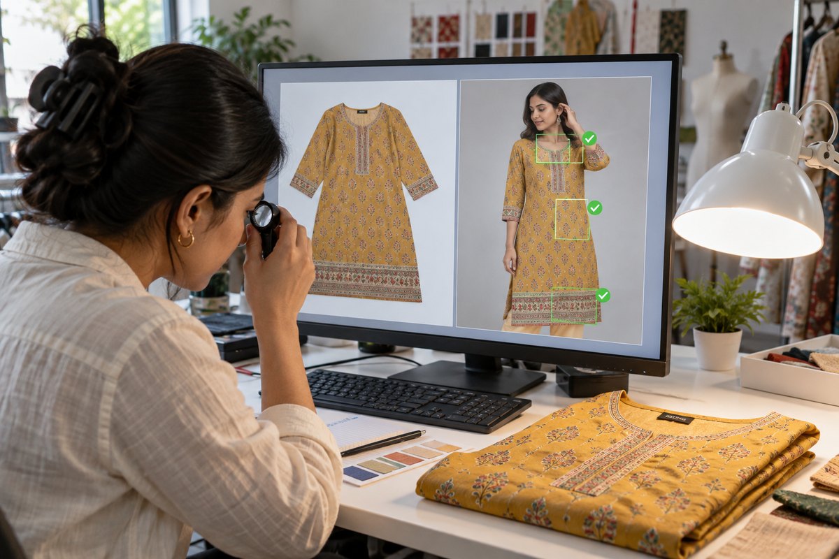 A reviewer comparing the original flat kurti photo with its AI render on a monitor, inspection outlines over the neckline, hem and print