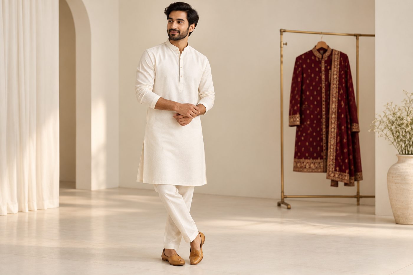An Indian male model in an ivory kurta pyjama in a studio, with a maroon embroidered sherwani on a rail beside him