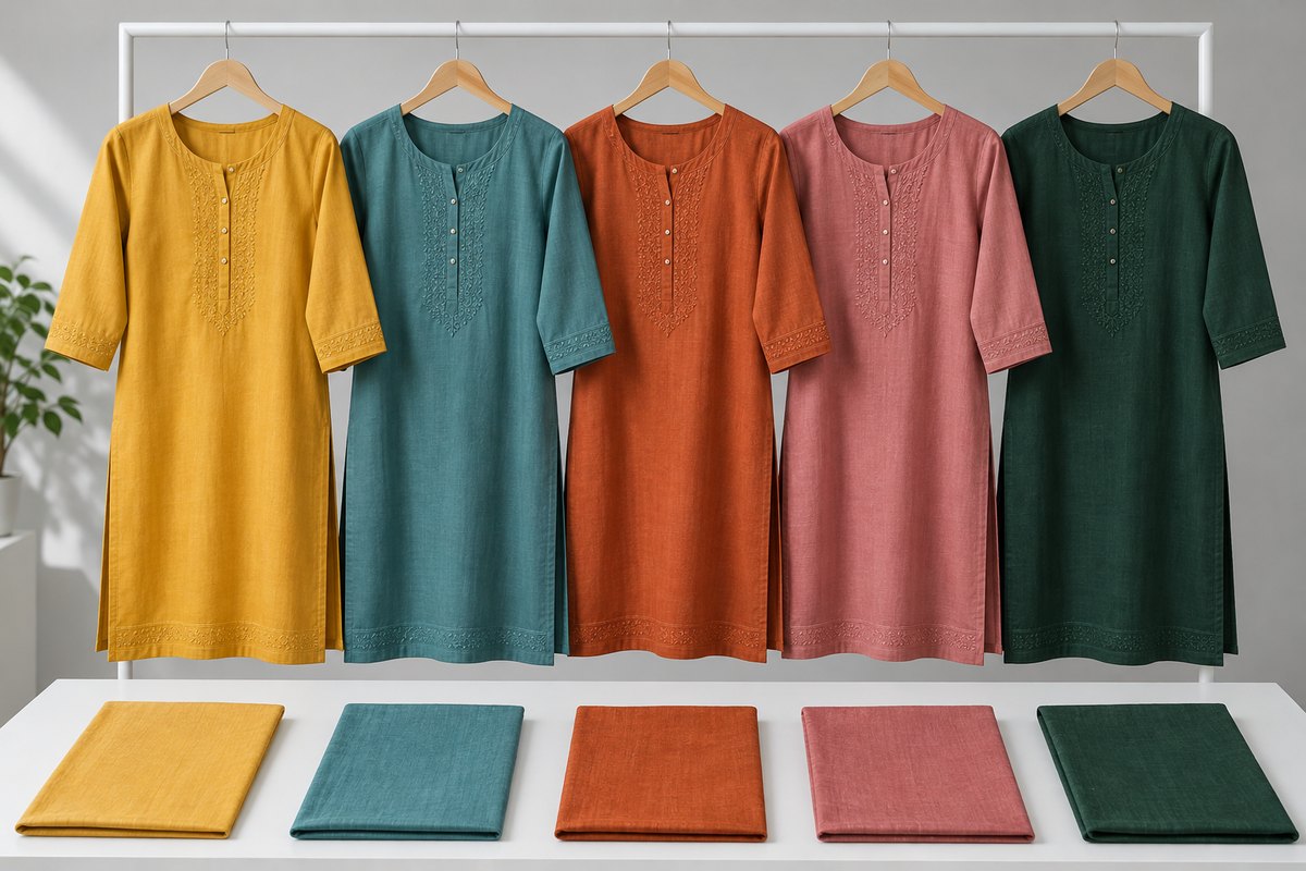 The same cotton kurti in five colourways hanging on a rail with a matching fabric swatch below each one