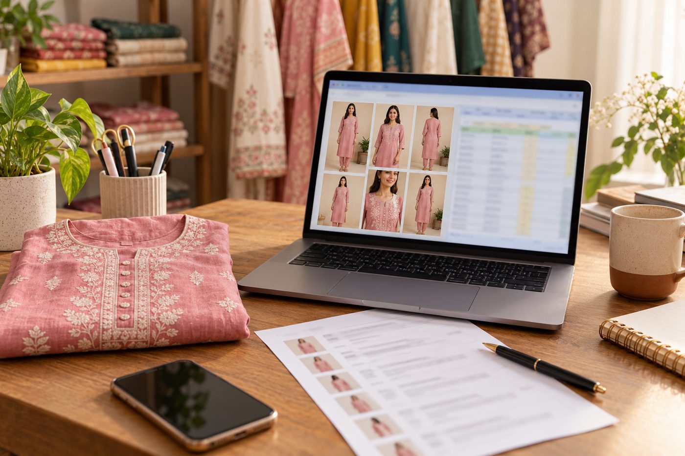 A seller's desk with a laptop showing on-model kurti photos beside a listing spreadsheet, and a folded pink kurti