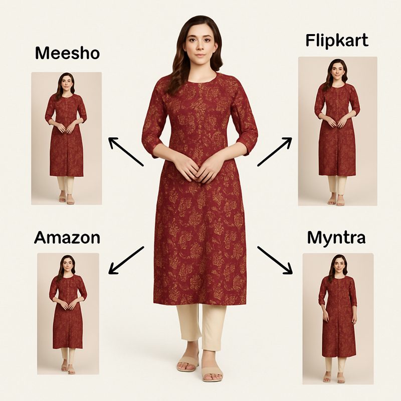 One kurti photo cropped to Meesho, Flipkart, Amazon and Myntra image size requirements