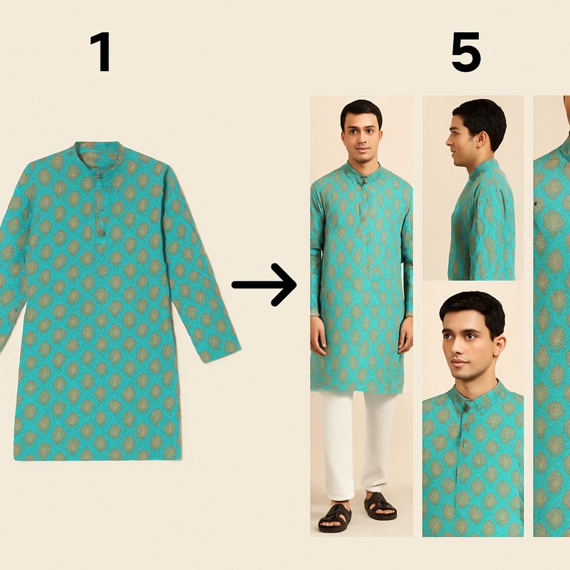 One flat kurta photo turned into five Myntra catalog images: model front, back, side, close-up and full outfit
