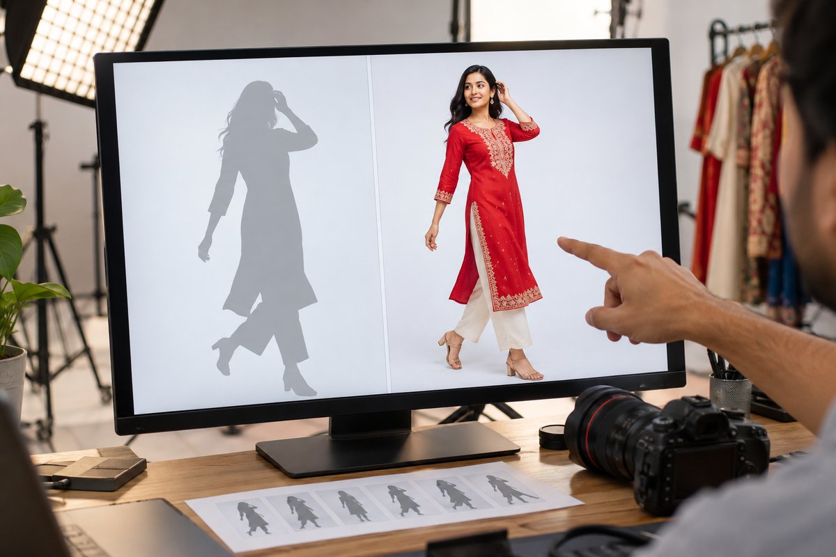 A monitor showing a pose reference as a grey silhouette beside a different model rendered in the same pose in a red kurti