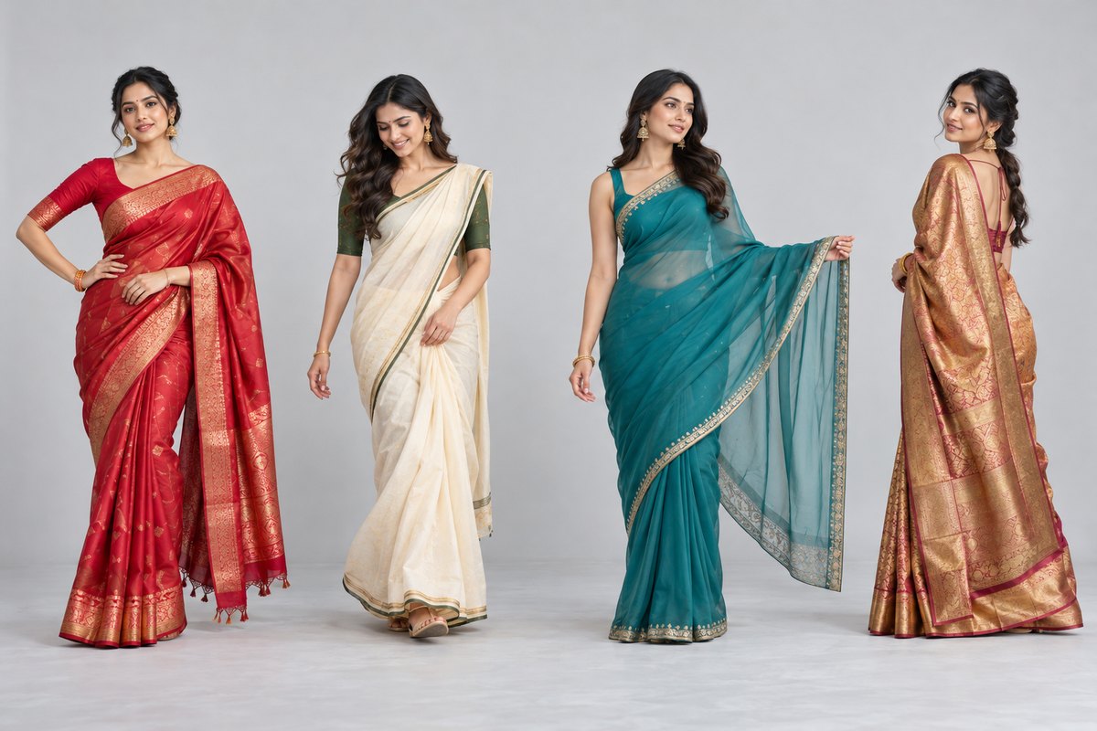 Four models in different sarees showing four classic catalog poses against a light grey studio backdrop