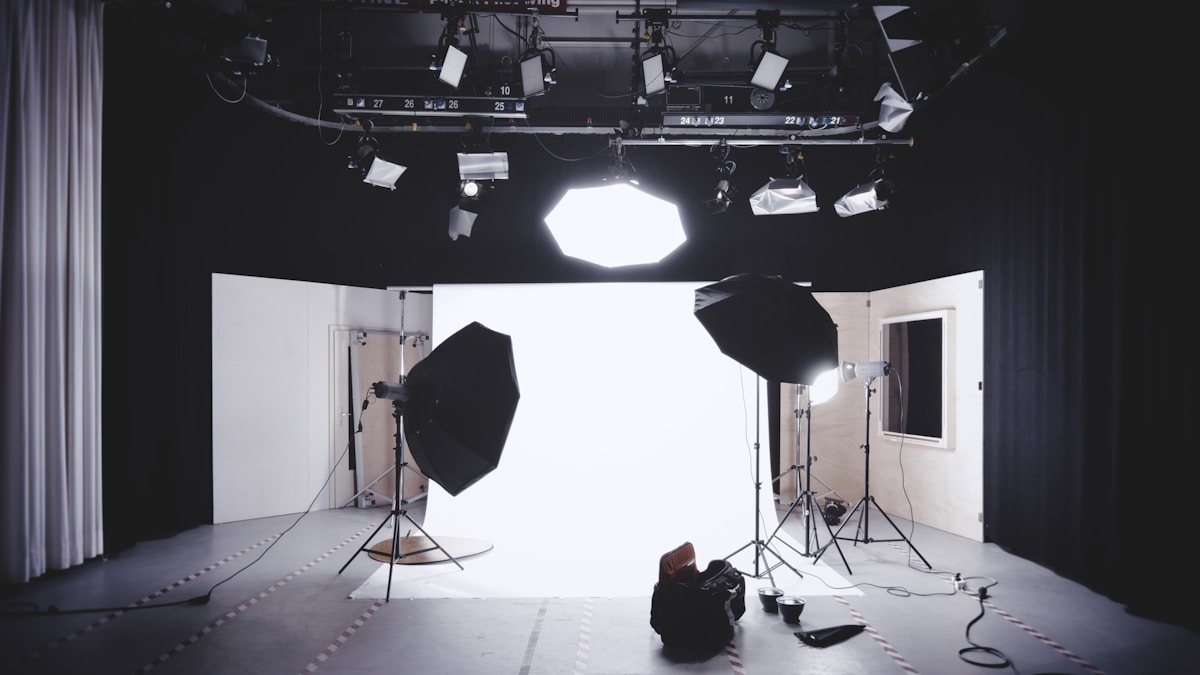 Photography studio with camera and lighting equipment