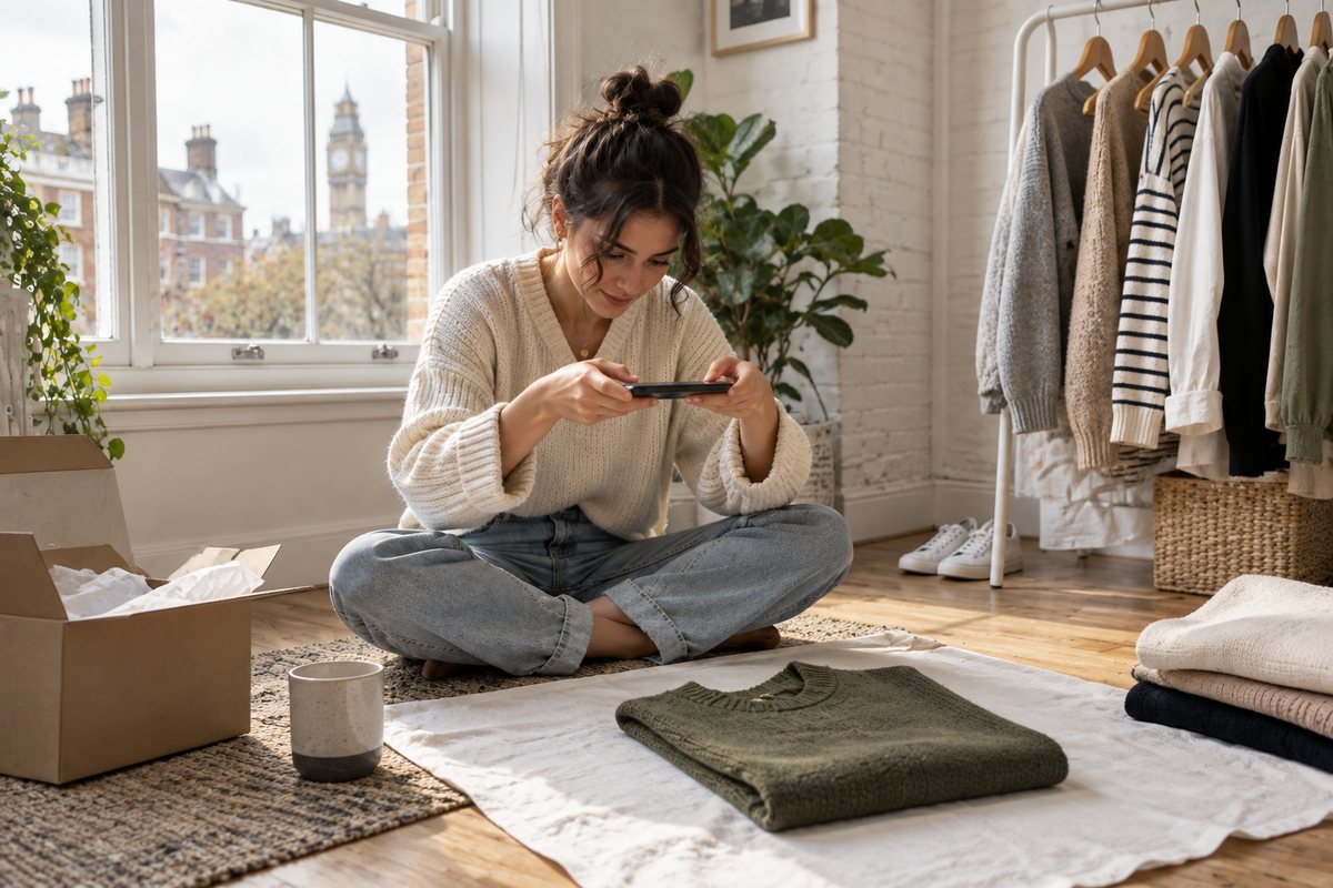 A UK fashion seller preparing product listing photographs