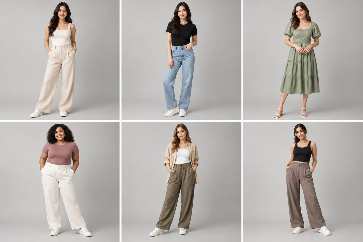A grid of AI-generated on-model fashion photographs
