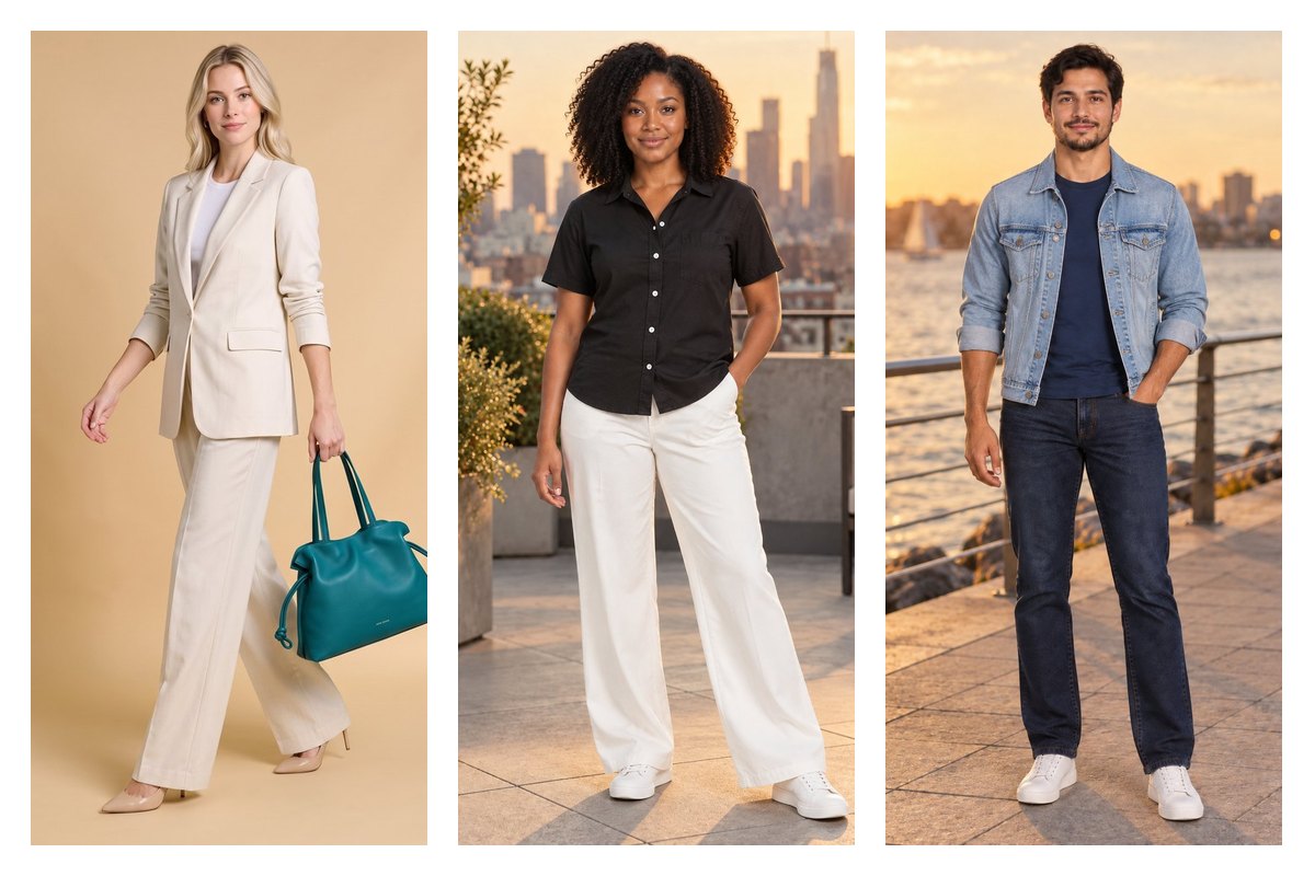 Three on-model listing images from a catalog planned across the sale calendar