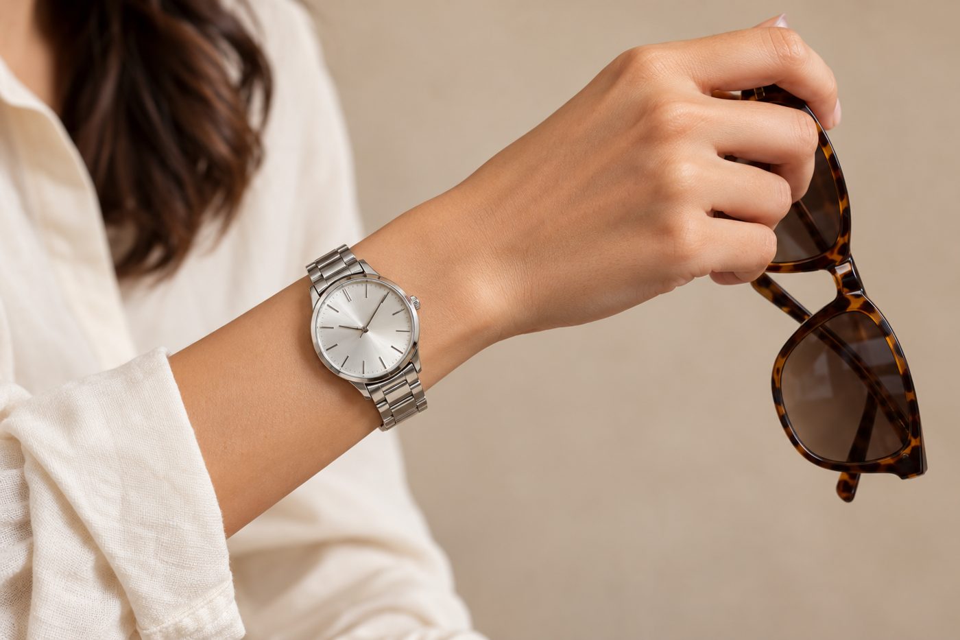A model's wrist wearing a silver analog watch with the dial facing the camera, holding tortoiseshell sunglasses
