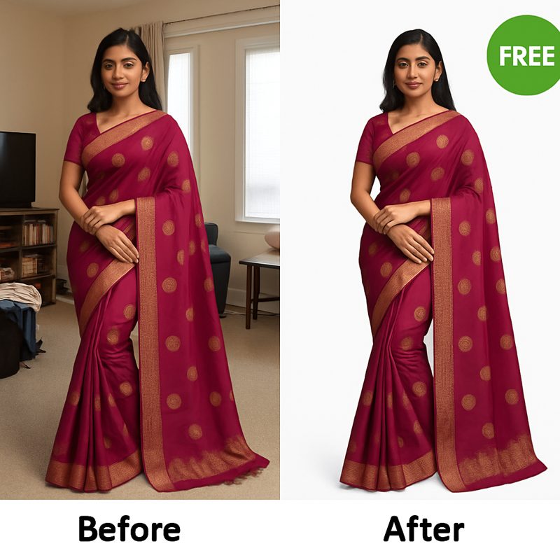 Before and after: saree photo taken at home with cluttered background converted to a clean pure white background