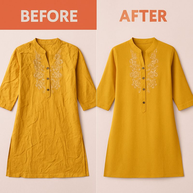 Before and after: heavily creased cotton kurti photo made perfectly smooth with AI wrinkle removal