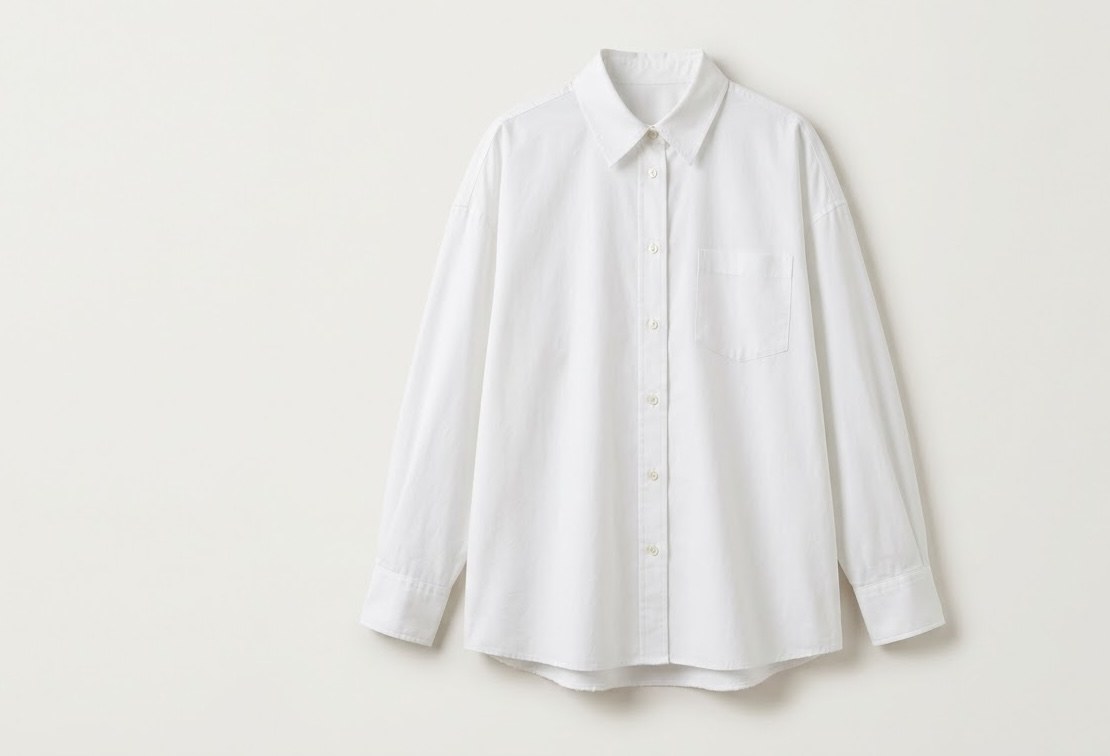 Flat photo of a white oxford button-down shirt before CatalogX