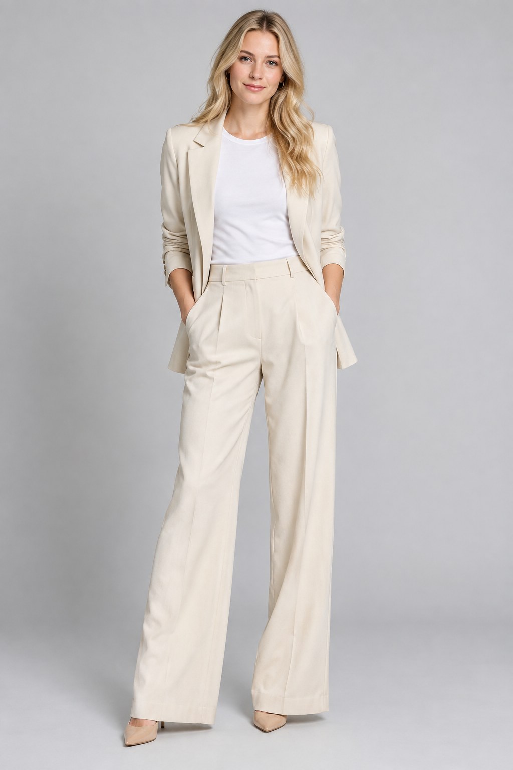 Catalog model in a cream blazer and wide-leg trousers