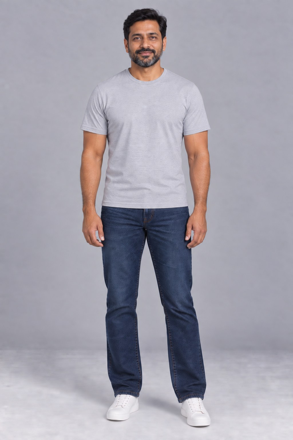 Older catalog model in a tee and jeans