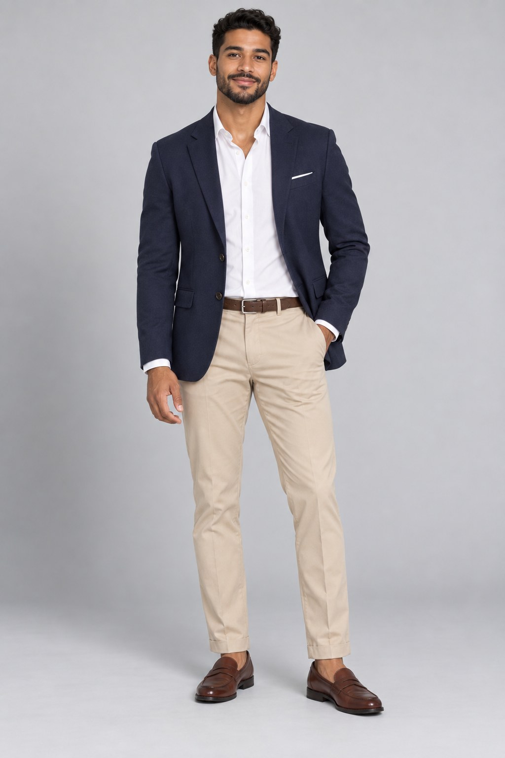 Catalog model in a navy blazer and chinos