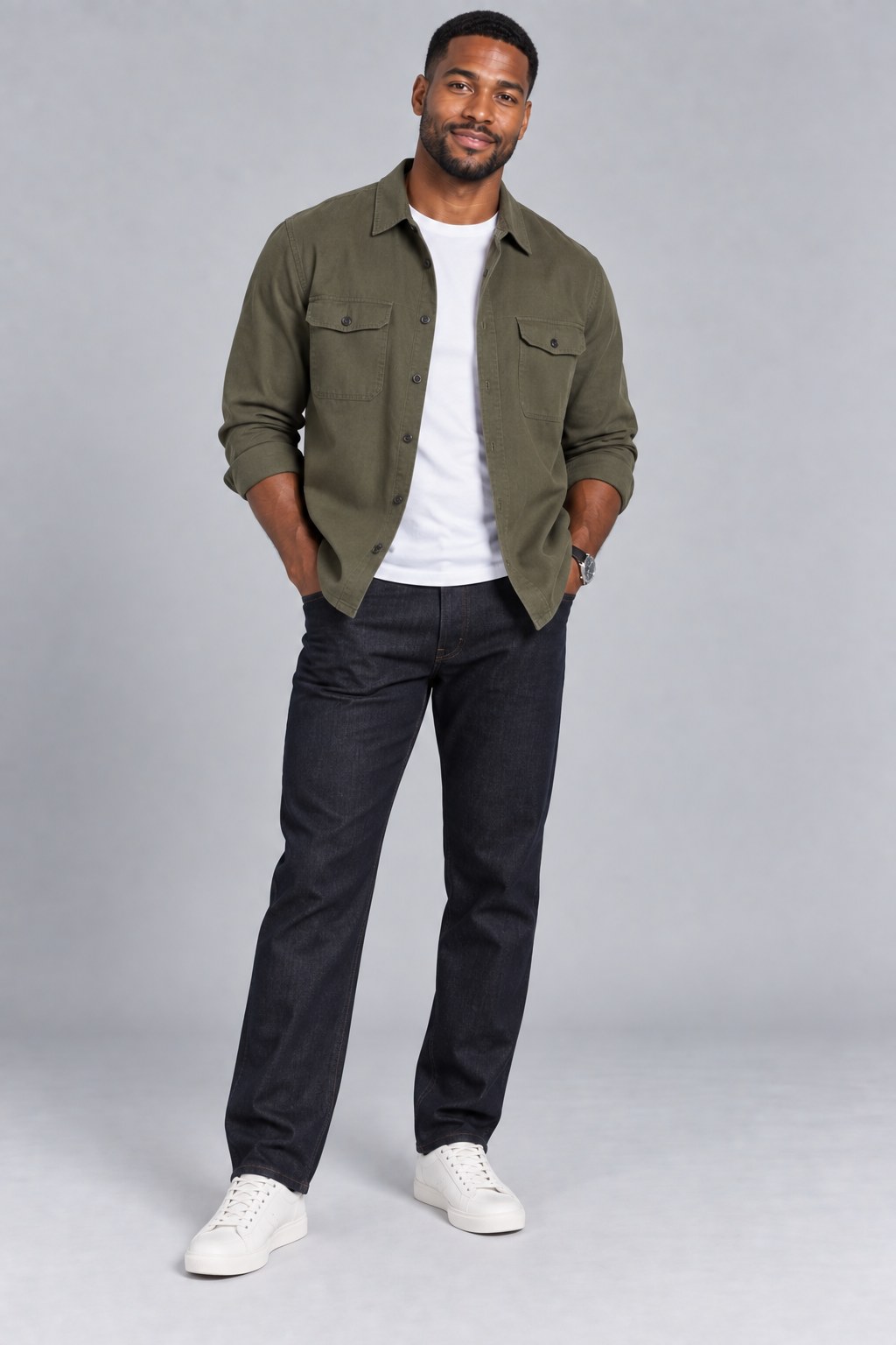 Catalog model in an olive utility jacket