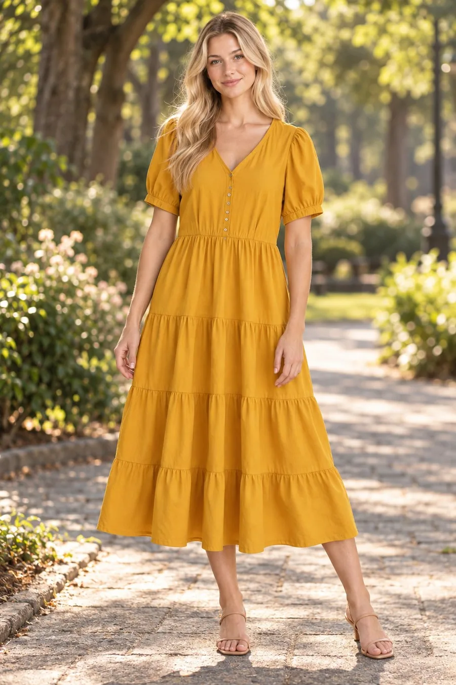CatalogX AI virtual try-on result — model wearing the tiered dress on a sunlit park path