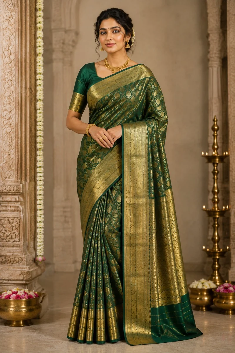 CatalogX AI virtual try-on result — Indian model wearing the silk saree with natural drape