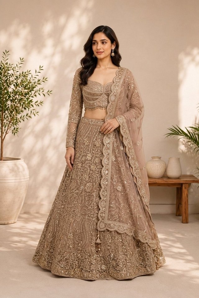 Product photo made with CatalogX — a champagne sequinned bridal lehenga in soft daylight