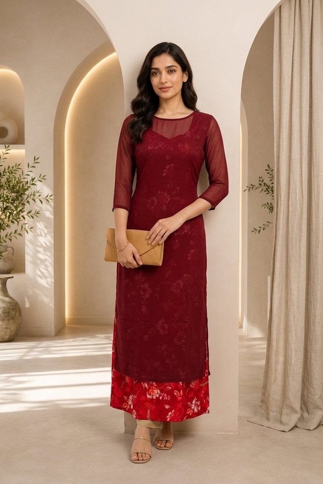 Product photo made with CatalogX — a maroon layered kurti with a sheer overlay in an arched interior