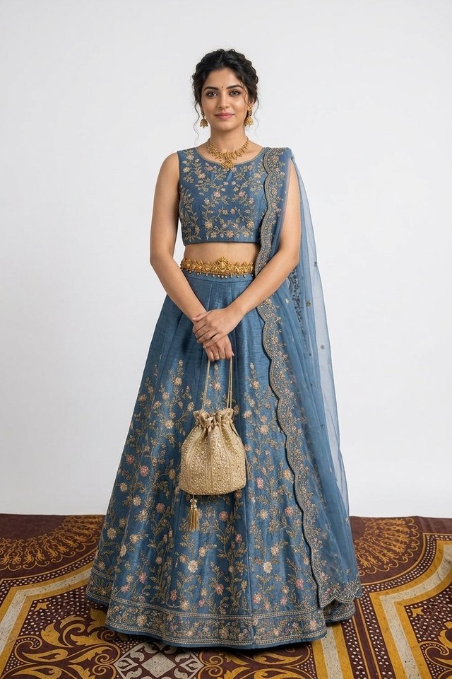 Product photo made with CatalogX — a blue embroidered lehenga with a net dupatta and potli bag