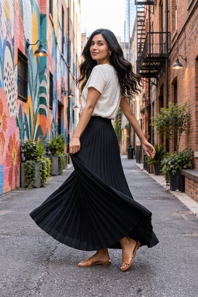 Product photo made with CatalogX — a black pleated maxi skirt on a mural-lined city street