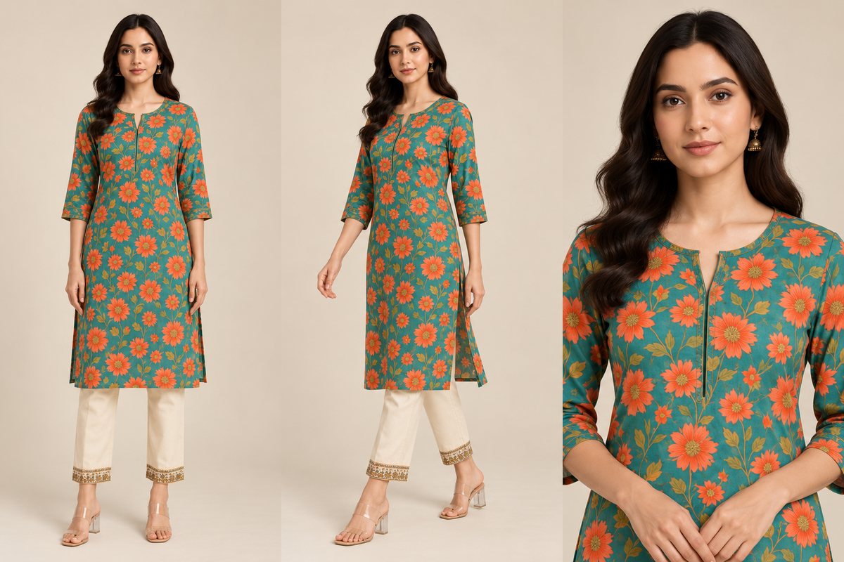 Three frames of one listing pack: the same model in the same kurti, shot front on, walking and in close-up