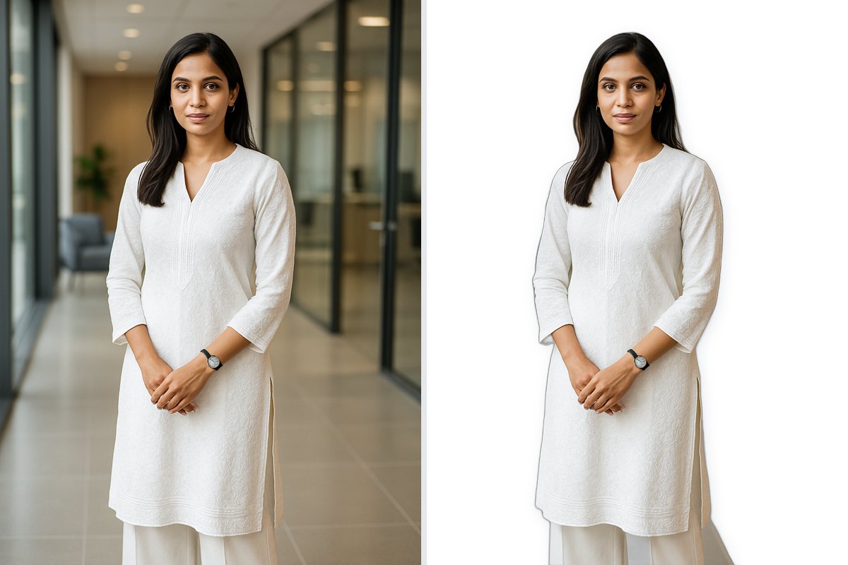 Before and after: a kurti photographed in an office corridor, then the same shot with the background removed onto plain white