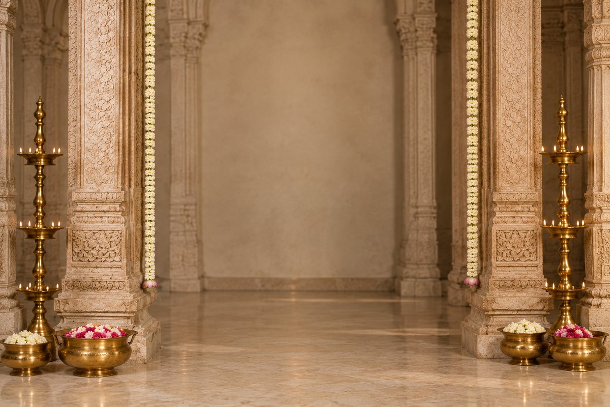 Step 4: pick the scene — a pillared hall with brass lamps