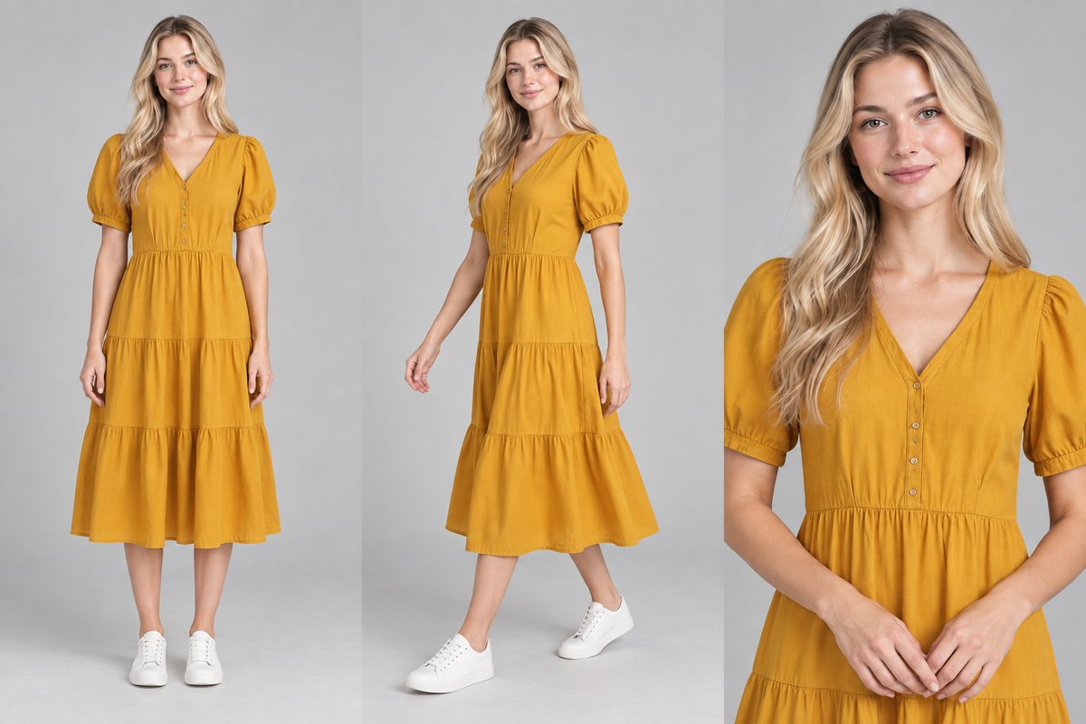 Three frames of one listing pack: the same model in the same dress, shot front on, walking and in close-up
