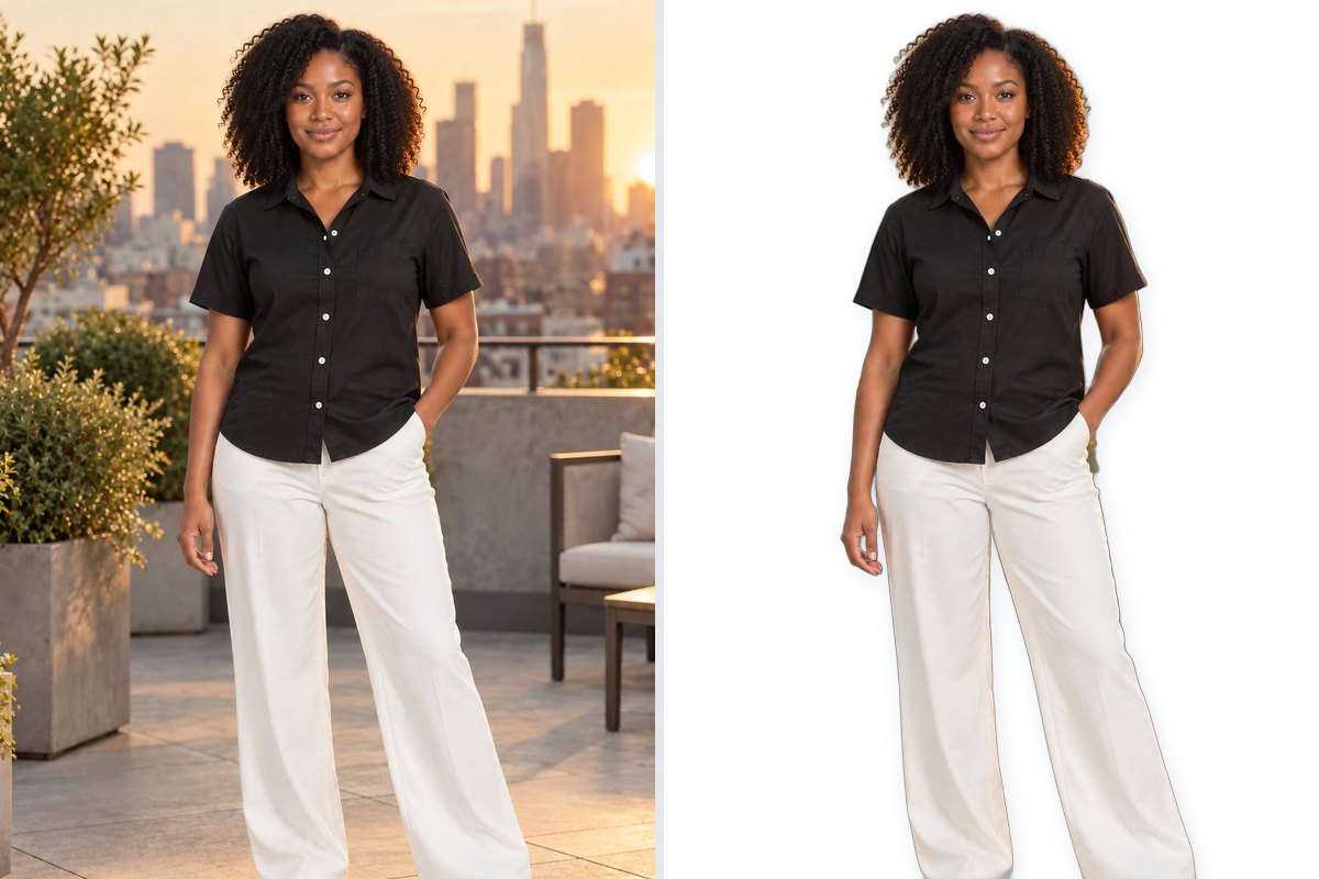 The same garment photo before and after one-click background removal