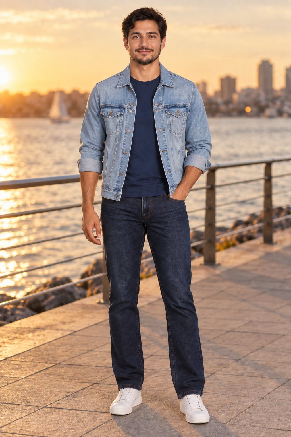 A shot placed on a waterfront at golden hour