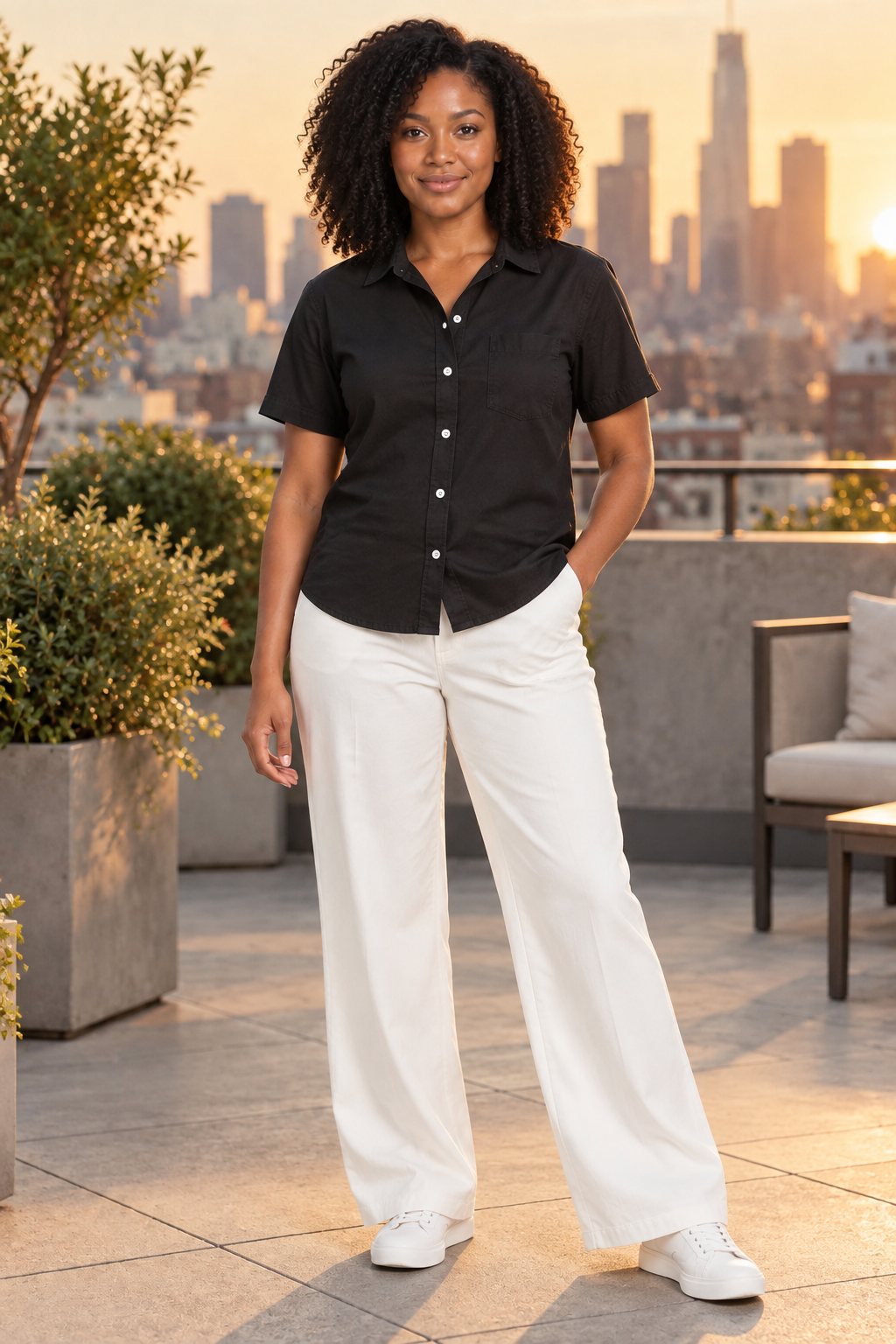 Product photo made with CatalogX — a black camp-collar shirt with white wide-leg trousers on a city terrace
