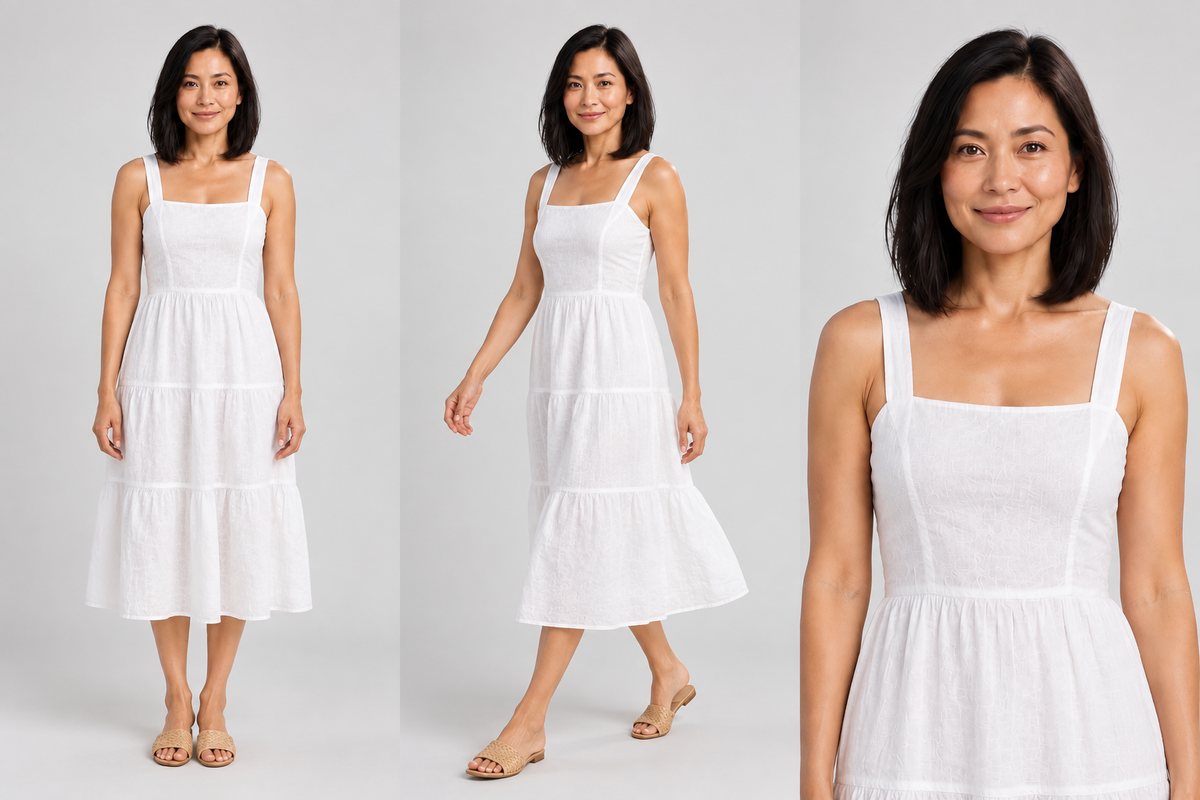 Three frames from one CatalogX listing pack — the same model and scene in every shot